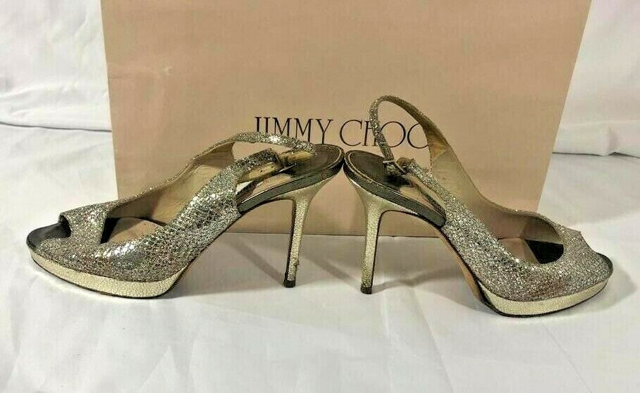 EU38.5 JIMMY CHOO ハイヒール ゴールド/シルバー 美品395A Authentic Jimmy Choo Women's Shoes Sandals High Heels Golden