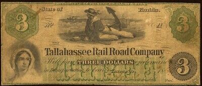 Obsolete Currency Tallahassee, FL - Tallahassee Rail Road Company $3 1860's