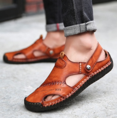 Mens Genuine Leather Beach Slipper Sandals Cheap Summer Brown Shoe