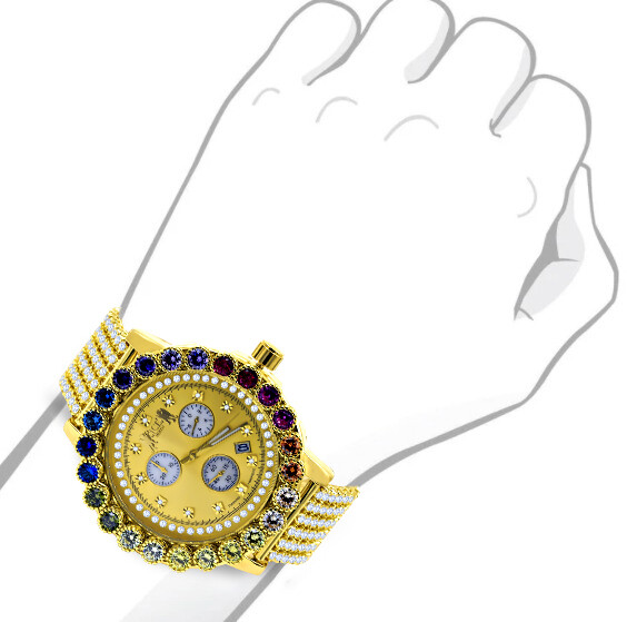 Pre-owned Ice House Real Diamond Solitaire Dial Rainbow Multi Gold Tone Men's Custom Xl Watch 55mm