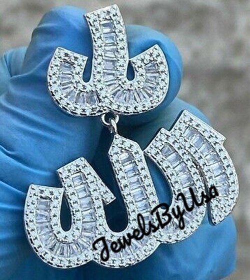 Pre-owned Nsg Men's Baguette Moissanite 3d Allah Charm Pendant 4ct White Gold Plated Silver