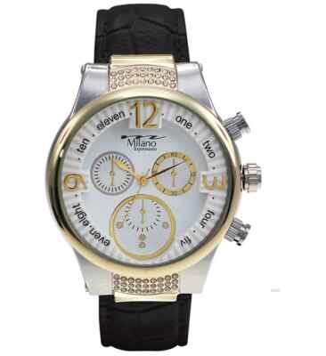 ON Sale M Milano Expressions women Black Leather Strap Watch with Gold Case