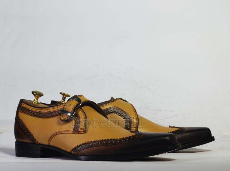 Pre-owned Handmade Men's Leather Monk Strap Brown And Yellow Formal Casual Dress Shoes-111