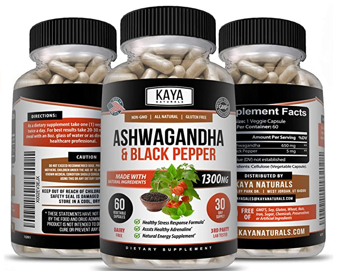 Organic Ashwagandha Capsules 1300mg Supplement w/ Black Pepper Root Powder