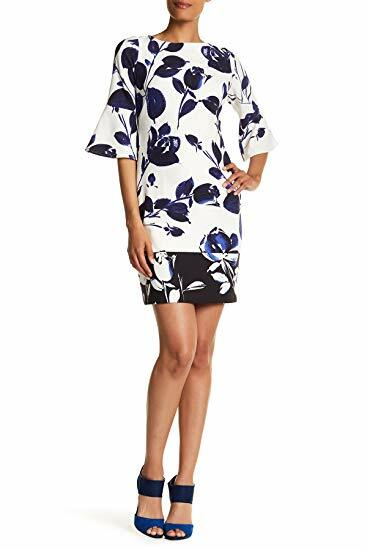

Vince Camuto New Tag Элегантное платье-футляр цвета слоновой кости/СИНЕГО цвета с цветочным принтом и рукавами-колокольчиками, Ivory navy black
