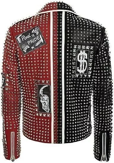 Pre-owned Brando Men's  Studded Spikes Punk Rock Motorcycle Biker Two Tone Leather Jacket. In Red & Black.