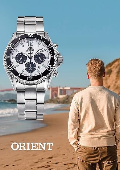 Pre-owned Orient Mako Rn-tx0203s Chronograph Solar Watch Panda Dial White Black Mens Watch