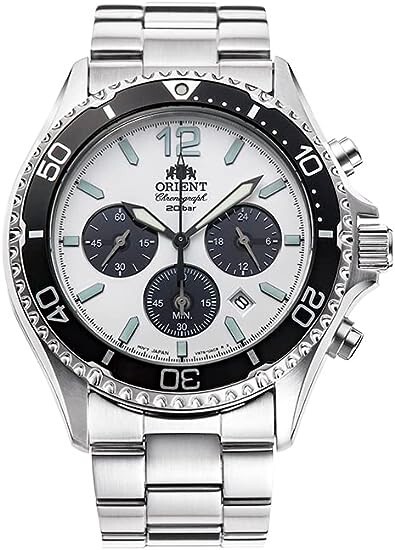 Pre-owned Orient Mako Rn-tx0203s Chronograph Solar Watch Panda Dial White Black Mens Watch