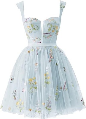 Lowime Puffy Sleeve Embroidery Flower Prom Midi Dresses Evening Maxi Ball Gowns