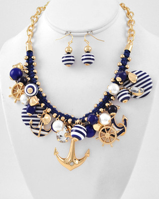 NEW CRYSTAL ANCHOR WHEEL PENDANT NAUTICAL NAVY ROPE CHAIN NECKLACE EARRINGS SET