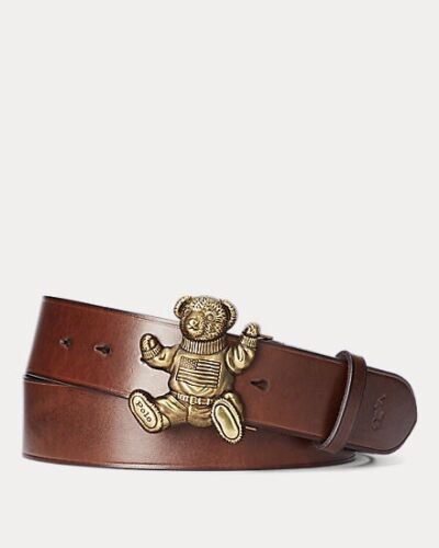 Pre-owned Snowbeach Polo Ralph Lauren Sitting Bear Brass Buckle Belt Size 38 Crest,  In Brown