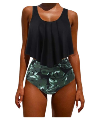 NEW Black Two Piece Ruffled Top Tropical Leaf High Waisted Tankini Women's M