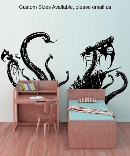 Pirate Ships attacked by Kraken Wall Decal Sticker. Beach Nautical Theme Decor.