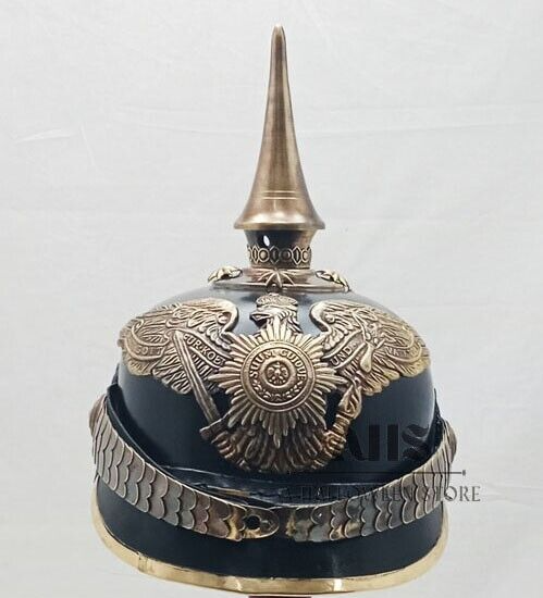 Antique Brass Spiked Prussian Imperial Officer German Pickelhaube Leather Helmet