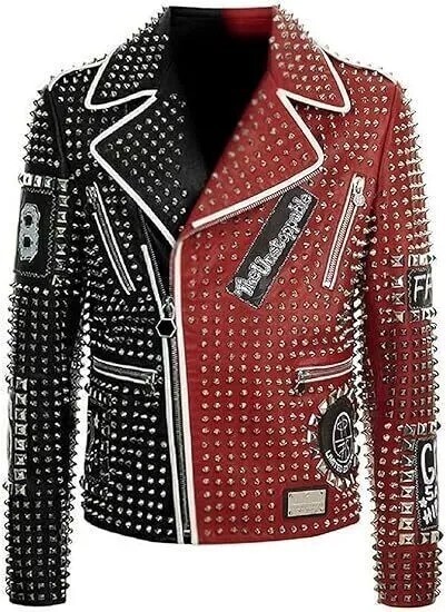 Pre-owned Brando Men's  Studded Spikes Punk Rock Motorcycle Biker Two Tone Leather Jacket. In Red & Black.
