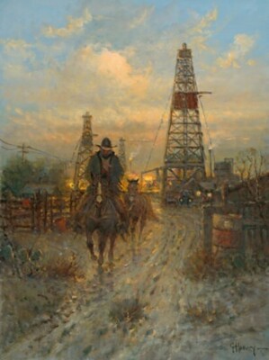 G. Harvey NEIGHBORLY VISIT 24x18 S/N Canvas Giclee Cowboys Oil Wells Art Print