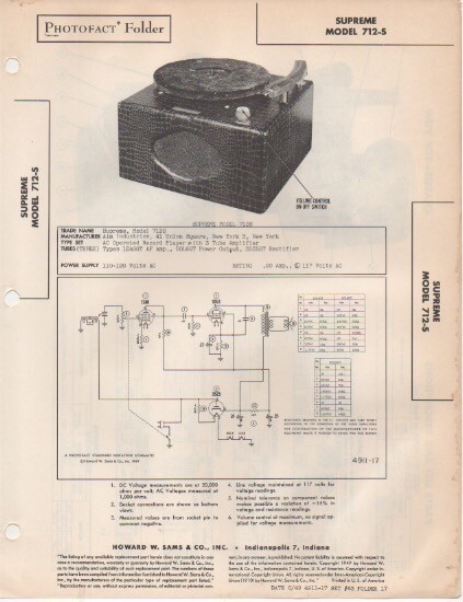 1949 SUPREME 712-S RECORD PLAYER CHANGER SERVICE MANUAL PHOTOFACT SCHEMATIC FIX