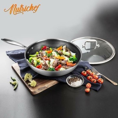 NutriChef Stir Fry Pan Non Stick Coating Specialty Tool Large Stainless Steel