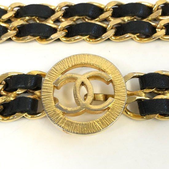 CHANEL ベルト Chanel COCO Mark 94P Chain Belt Gold Plated x Leather Black