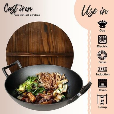 NutriChef Pre-Seasoned Cast Iron Wok w/ Wooden Lid – Non-Stick NCCIWOK60
