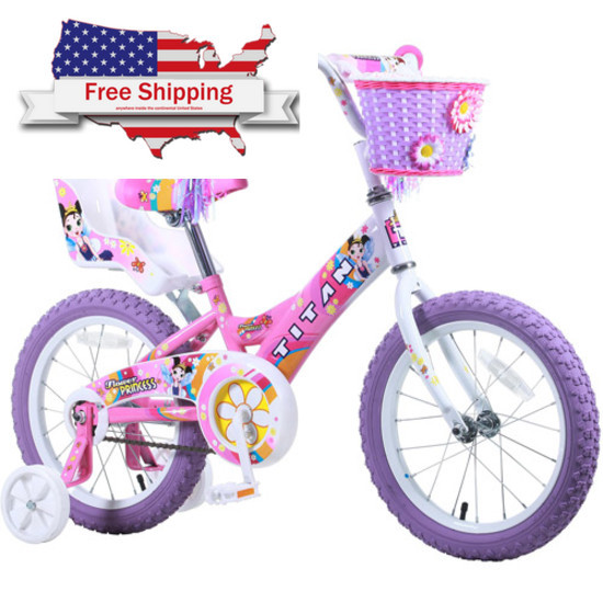 Girls' BMX Bike" "16"" Titan Flower Princess Bicycle Pink Training Wheels