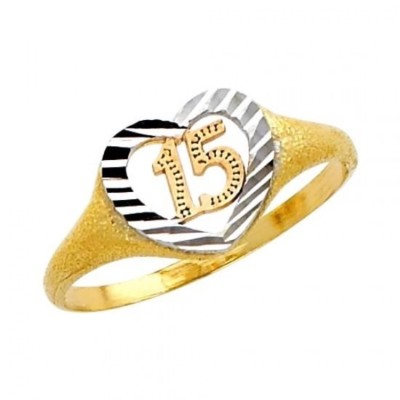 14K Solid Tri-color Gold Quince Anos ''15'' Sweet Fifteen Heart Ring