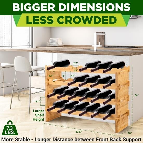 NutriChef 4 -Tier 24 Bottle Capacity Bamboo Stackable Wine Rack (Natural)