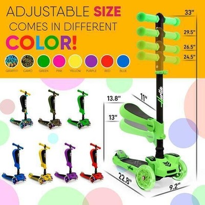 Hurtle 3-Wheeled Scooter for Kids - Wheel LED Lights, and Foldable Seat. (Green)