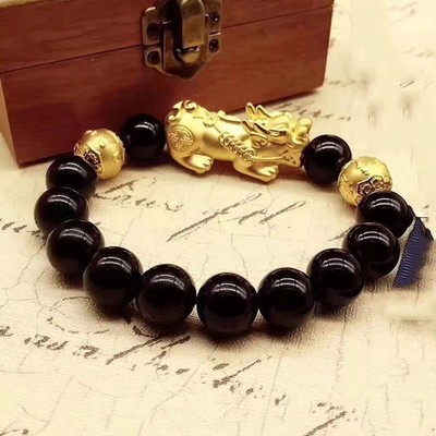 Pre-owned Yuxi Pure 24k Yellow Gold Bracelet /man Woman 3d Lucky Pixiu Link 8mm Mblack Obsidian