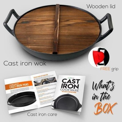 NutriChef Pre-Seasoned Cast Iron Wok w/ Wooden Lid – Non-Stick NCCIWOK60