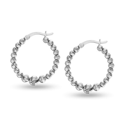 Real 925 Sterling Silver Classic Bead Ball Diamond Cut Hoop Earrings for Women