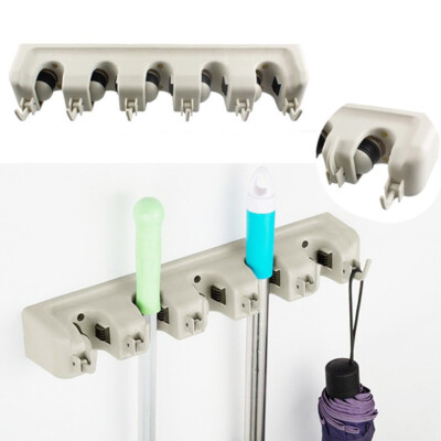 Household Wall Mount Broom Mop Holder Hanger Organizer 5 Slots 6 Hooks Beige