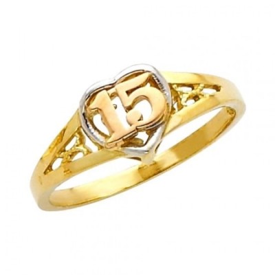 14K Solid Tri-color Gold Quince Anos ''15'' Sweet Fifteen Heart Ring