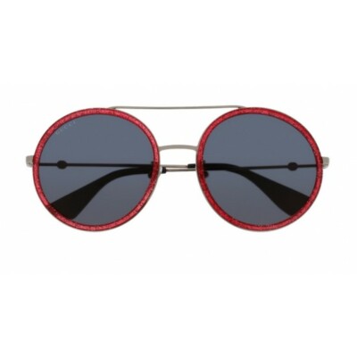 Pre-owned Gucci Gg 0061s 007 Glittered Pink Silver/ Blue Lens Round Sunglasses Italy