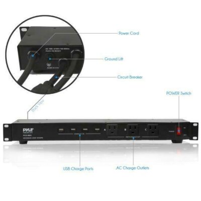 Pyle PCO865 Rack Mount Power Conditioner Strip Power Supply W/ USB charge port