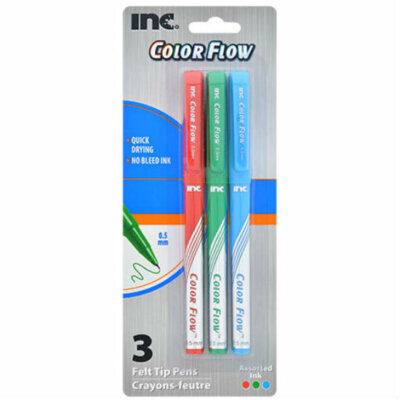 New Inc. Color Flow Felt Tip Pens .5 mm, Pack of 3 (Red Blue Green Ink) ~ Qty 1