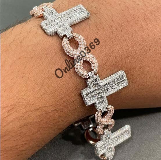 Pre-owned Online0369 925 Silver 9ct Baguette Moissanite Men's Infinity Cross Link Bracelet 8.5" Inch In White