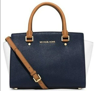 MICHAEL KORS SELMA NAVY BLUE WHITE BROWN LEATHER CROSSBODY