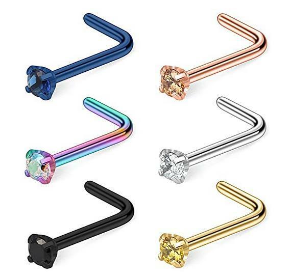 6pcs 20g Surgical Steel Mix Color Cz Nose Stud Rings L Shaped Piercing Jewelry