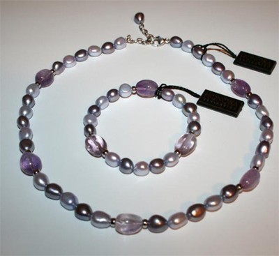HONORA Lilac Purple FW Cultured Pearl 925 Sterling Necklace & Bracelet Set  D12