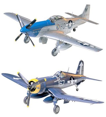 2 Tamiya Aircraft Model Kits P-51 Mustang and Vought F4U-1D Corsair