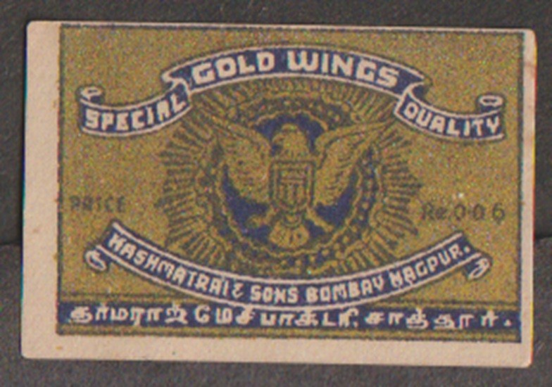 India vintage early matchbox label - Gold Wings