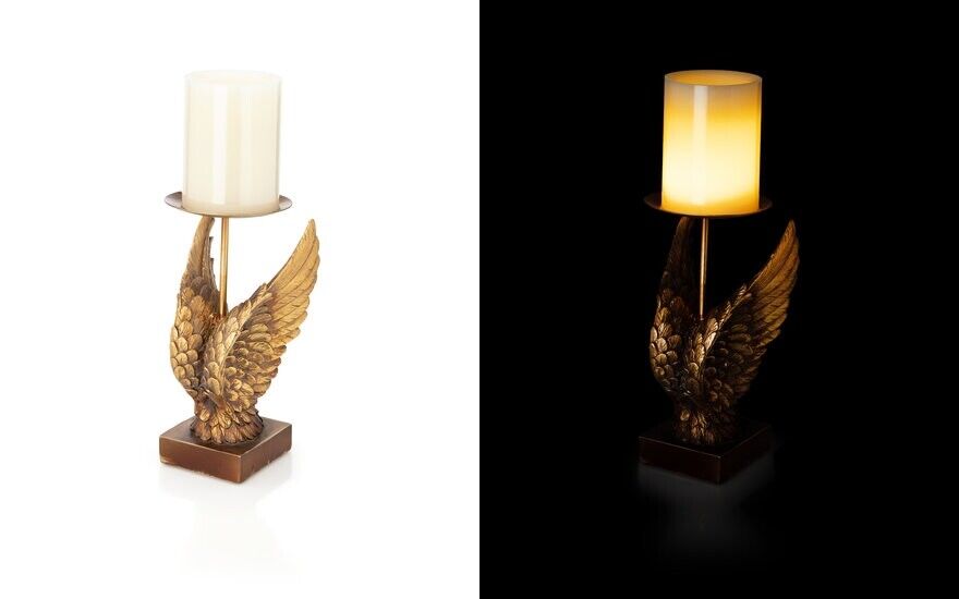 Kerzenständer Kerzenhalter Flügel mit LED Stumpenkerze Timer Flackerlicht gold