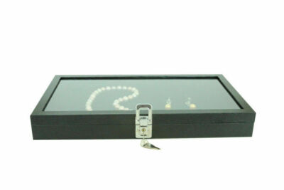 US Seller~2pcs Key Lock Glass Top Black Wooden Jewelry Display Case Organizer