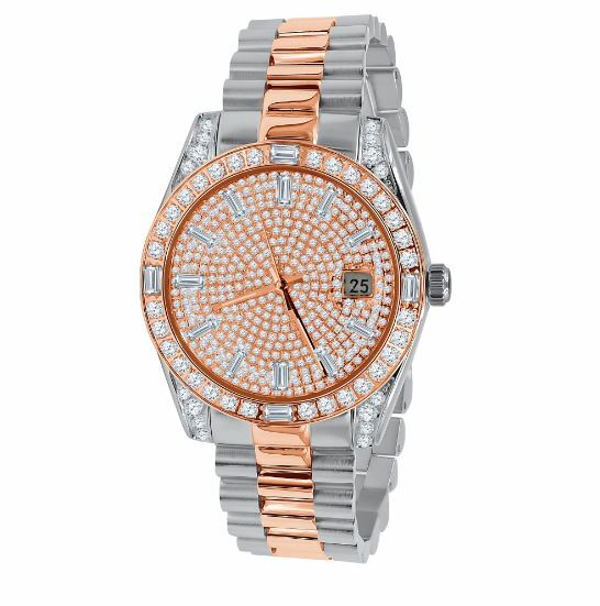 Pre-owned Bling Master - Majesty Solid Steel 18k 2 Tone Rose Gold Baguette Simulated Diamond President Watch 40mm