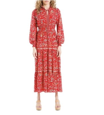 Max Studio London Women Floral Long SleeveTiered Maxi Dress L Boho Summer Spring