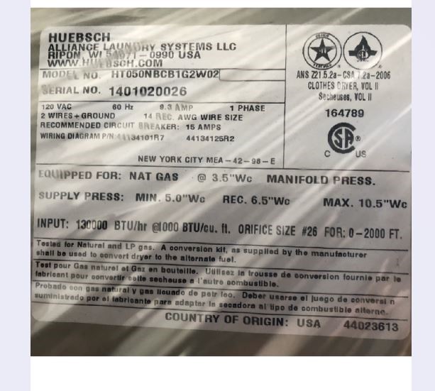 Huebsch Dryer HT050NBCB1G2W02  Excellent cond. 2014 models used only 1.5 years