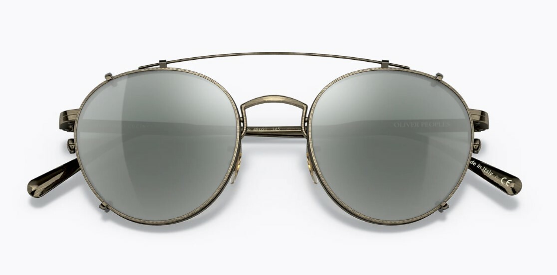 Pre-owned Oliver Peoples 0ov1302 Artemio 5284 Antique Gold/black Eyeglasses With Clip-on In Blue Block