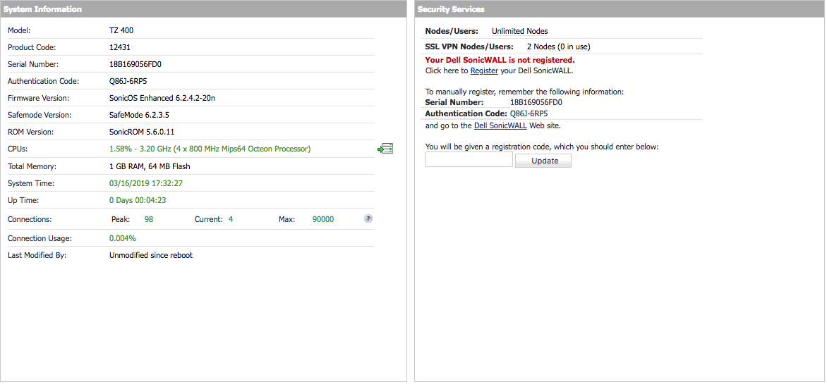 Dell SonicWALL TZ400 3.2Ghz 1GB RAM VPN Firewall Security Device Unregistered