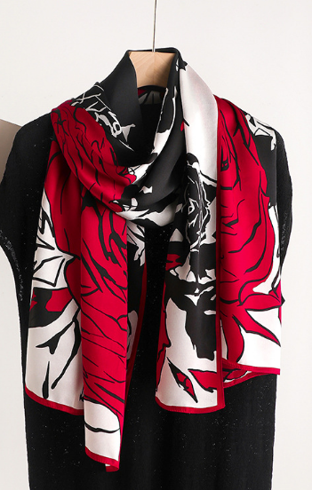 100% Silk long Scarf Women neckerchief Shawl Wrap floral red black white ZT373